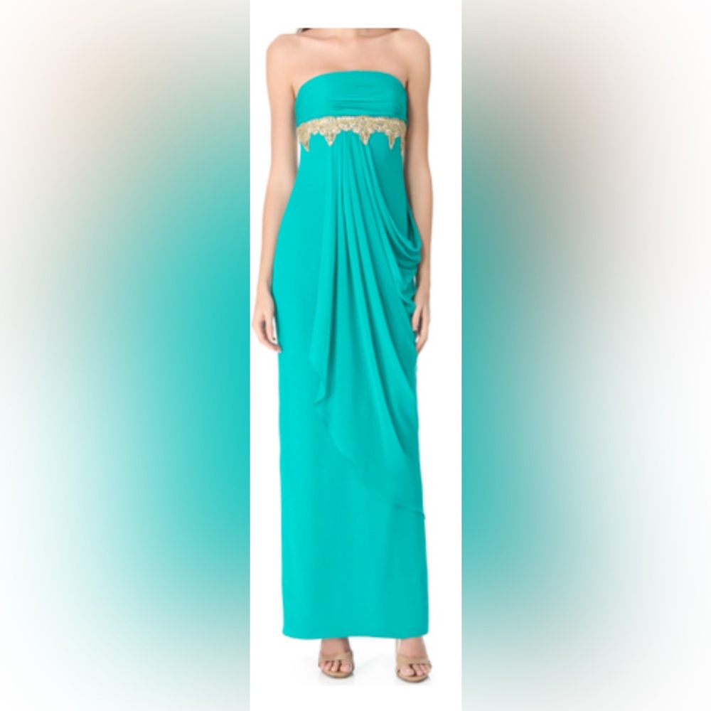 Marchesa Teal Strapless pleated and draped silk Dress with Gold beaded accent.